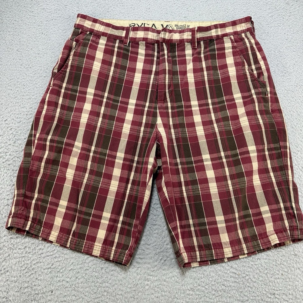 RVCA VA Shorts Men's 34 Red Plaid Woven Cotton Casual Chino Preppy Beach Golf